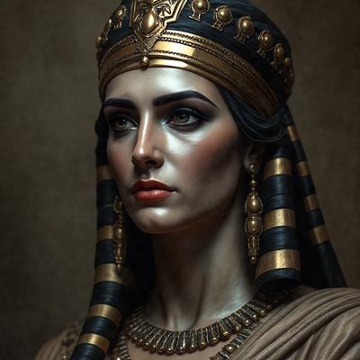 The primary subject of the image is a woman wearing a gold and black headdress, which is reminiscent of ancient Egyptian style. She is looking directly at the camera, with a confident and regal expression. The setting is a dark room, which adds to the dramatic atmosphere of the scene. The visual style is a combination of digital art and illustration, creating a realistic yet artistic representation of the woman. The colors and mood of the image are rich and bold, with the gold and black headdress standing
